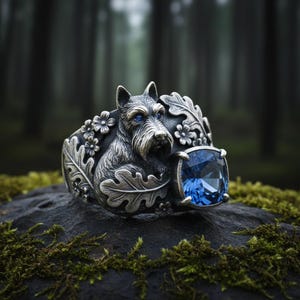May include: A silver ring featuring a sculpted terrier dog with small blue gemstone eyes, surrounded by embossed oak leaves and floral details, accented by a large, faceted, square-cut blue gemstone set in a four-prong silver mounting.