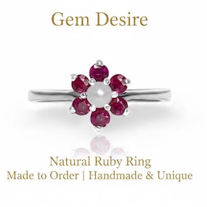Anillo de flor de rubí natural, anillo de cóctel de plata de ley, joyería de piedras preciosas hecha a mano