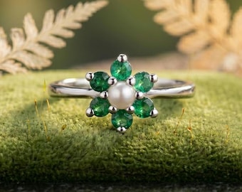 Anello floreale con smeraldo naturale, in oro 14 carati o argento sterling, pietra portafortuna di maggio.