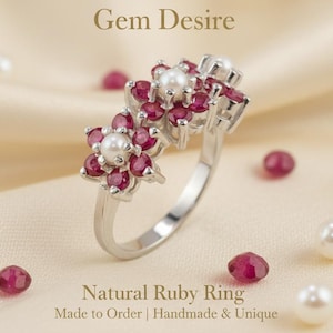 Natural Ruby Pearl Ring, Sterling Silver Stacking Band, July Birthstone Jewelry