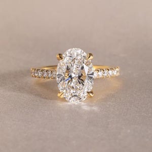 1.46 CTW Oval Hidden Halo Diamond Band Yellow Gold Engagement Ring Pavé Wedding Band,