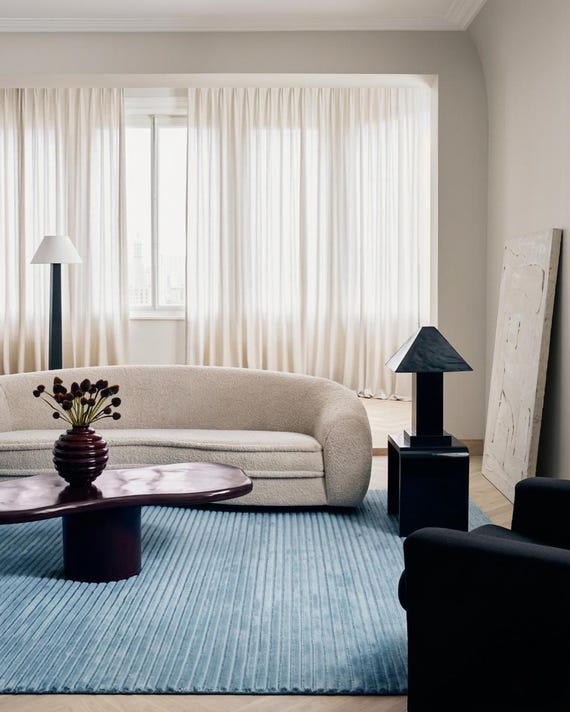 Hand Tufted Sky Blue Striped Area Rug | Minimalist Ocean High Low Wool Rug