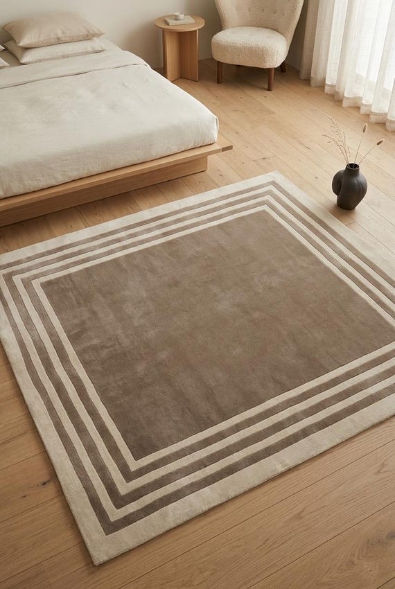 Hand Tufted Beige Area Rug, Modern Border Carpet, Neutral Minimalist Rug, Luxury Living Room, Custum Size Rug/
