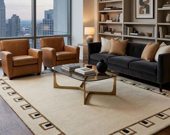 Moderner Geometrischer Bordüren Teppich | Handgetufteter Wollcreme & Schwarzer Teppich | Minimalistisches Luxus-Dekor