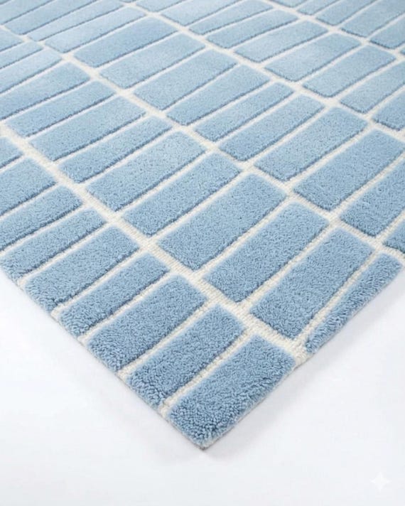 Hand Tufted Sky Blue Striped Area Rug | Modern Geometric Grid Textured High-Low Wool Rug