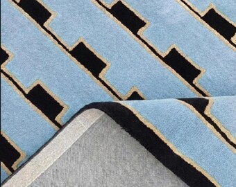 Mid-Century Modern Sky Blue Area Rug l Hand-Tufted Wool Art Deco Nordic Rug Geometric- Design,