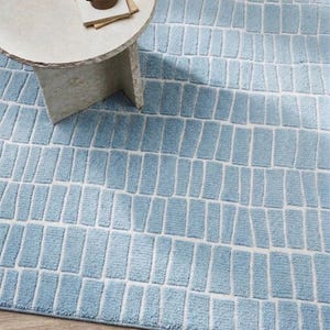 Hand Tufted Sky Blue Striped Area Rug | Modern Geometric Grid Textured High-Low Wool Rug image 4