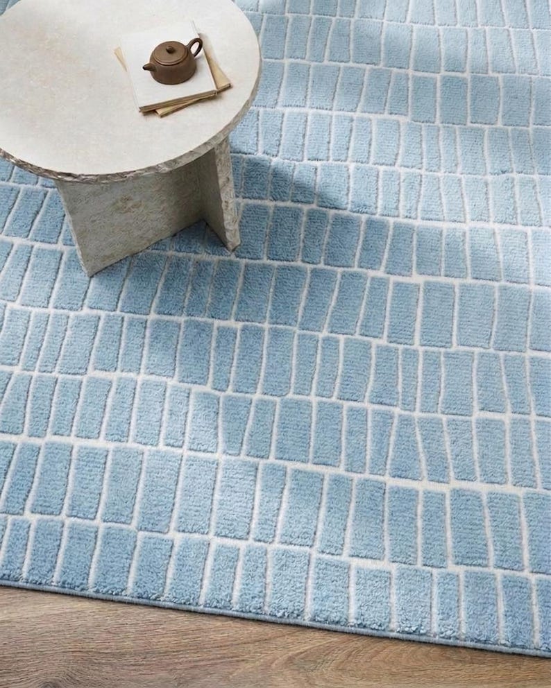 Hand Tufted Sky Blue Striped Area Rug | Modern Geometric Grid Textured High-Low Wool Rug image 4