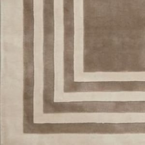 May include: A rectangular area rug featuring a geometric pattern of alternating taupe and cream-colored bands. The design consists of concentric right-angled stripes that frame a solid taupe center, creating a layered border effect across the surface.