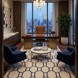 Tappeto geometrico moderno e minimalista, tappeto in lana trapuntato a mano, tappeto con motivo ottagonale blu navy e beige,