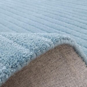 Hand Tufted Sky Blue Striped Area Rug | Minimalist Ocean High Low Wool Rug image 6