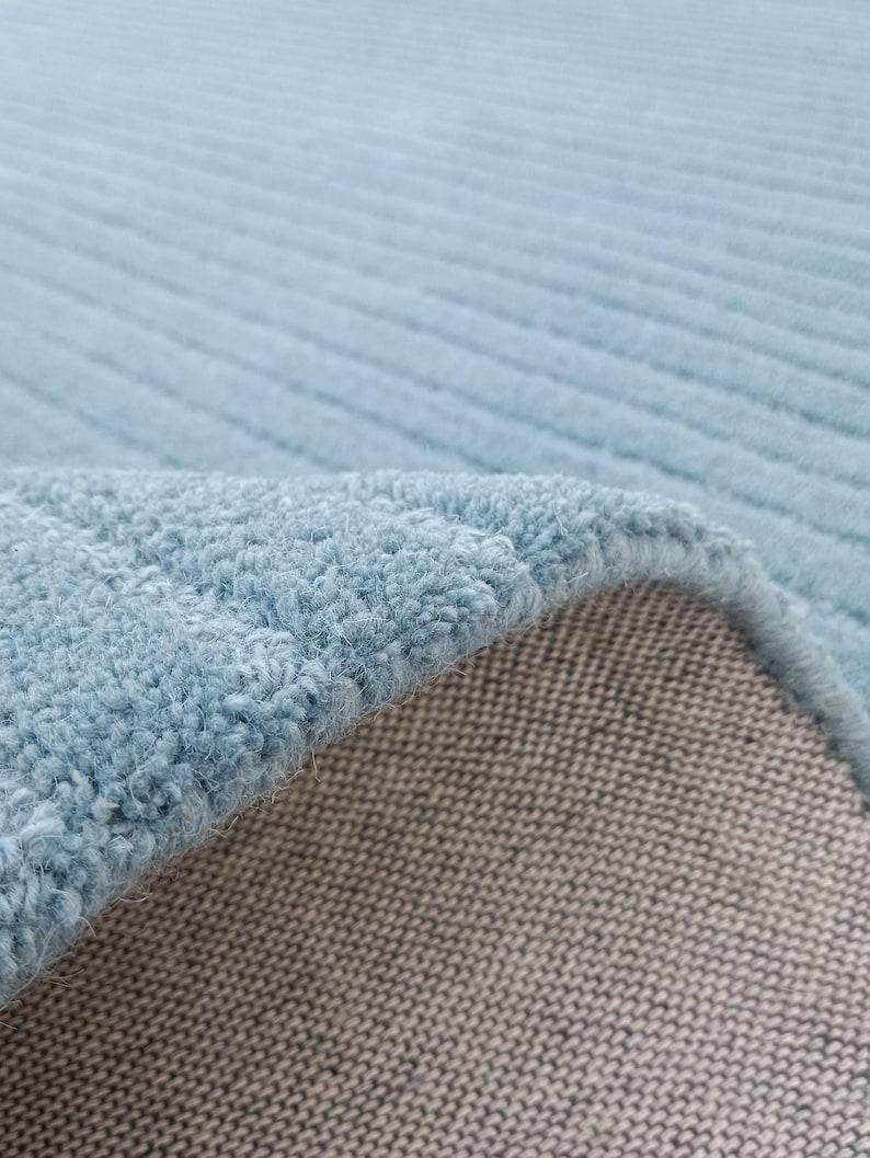 Hand Tufted Sky Blue Striped Area Rug | Minimalist Ocean High Low Wool Rug image 6