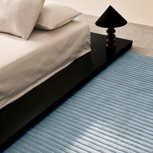 Hand Tufted Sky Blue Striped Area Rug | Minimalist Ocean High Low Wool Rug image 2
