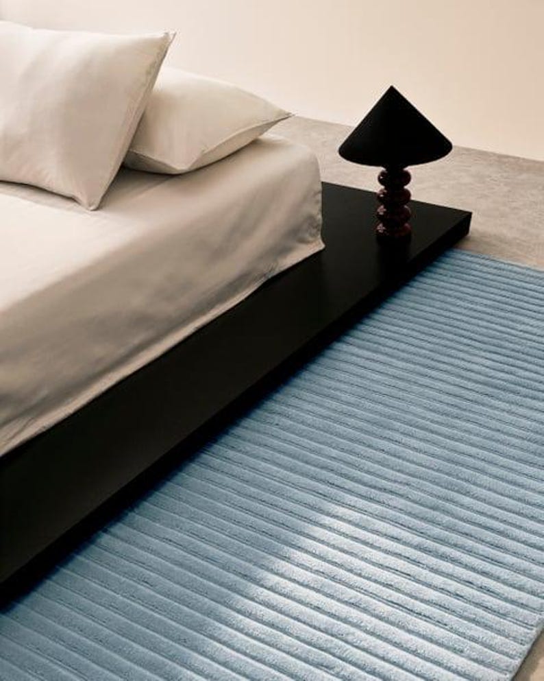 Hand Tufted Sky Blue Striped Area Rug | Minimalist Ocean High Low Wool Rug image 2