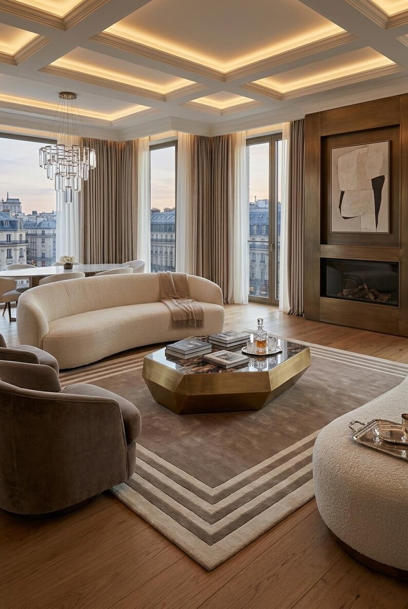 May include: A living room featuring a curved cream sofa, two brown armchairs, and a geometric brass coffee table with a dark stone top. The space includes a fireplace with a framed abstract painting, a crystal chandelier, and large windows.