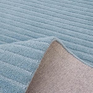 Hand Tufted Sky Blue Striped Area Rug | Minimalist Ocean High Low Wool Rug image 7