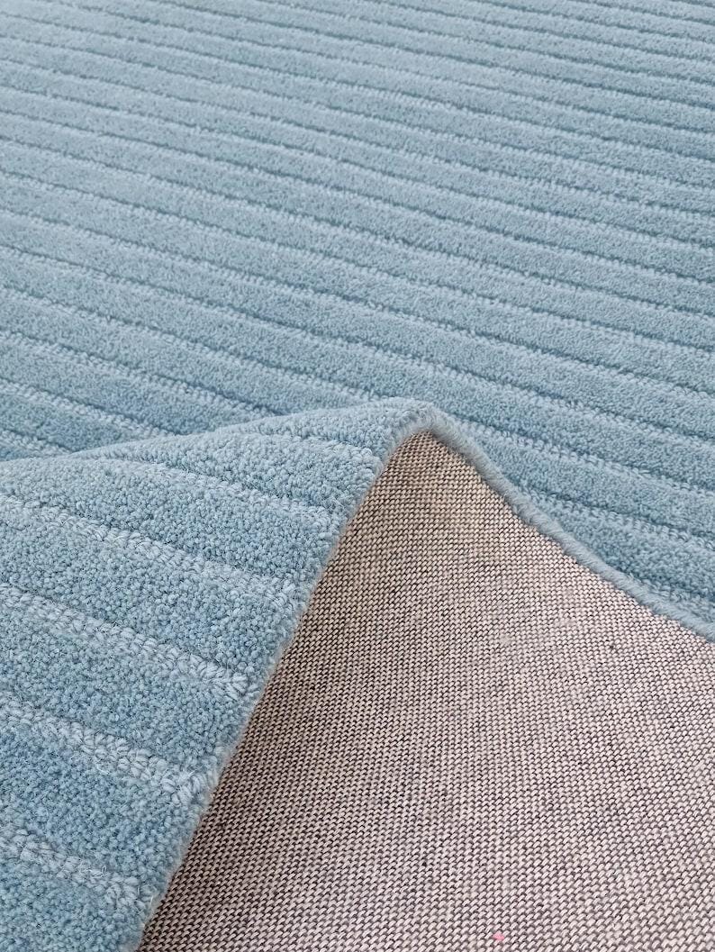 Hand Tufted Sky Blue Striped Area Rug | Minimalist Ocean High Low Wool Rug image 7