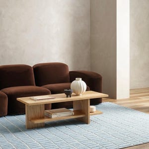 May include: A modern living room scene featuring a brown sofa, a light wood coffee table with a lower shelf, and a light blue patterned rug. Decorative items on the table include a white vase and a black bowl. The room has a neutral color palette.