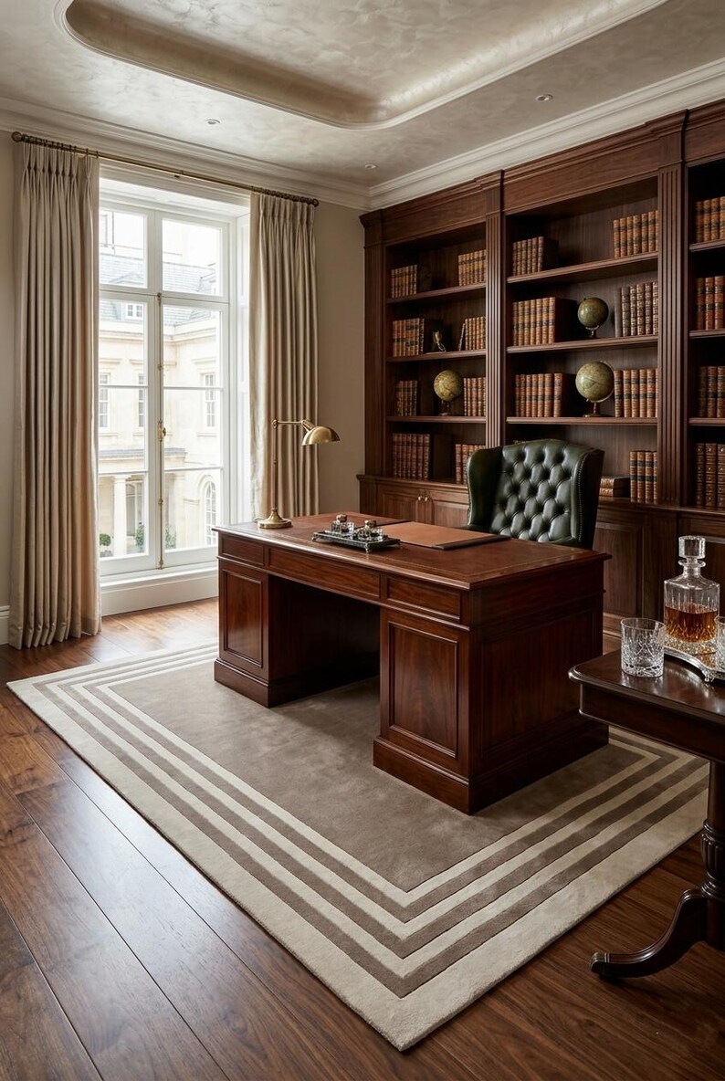 May include: A dark wood executive desk with a leather inlay, paired with a tufted dark green leather armchair. The room features floor-to-ceiling wooden bookshelves filled with books and globes, a brass desk lamp, and a rectangular area rug.