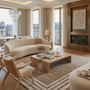 May include: A living room featuring a curved cream-colored sofa, two light wood armchairs, and a rectangular wooden coffee table with a glass insert. The space includes a large area rug with brown and cream stripes, a fireplace, and a chandelier.