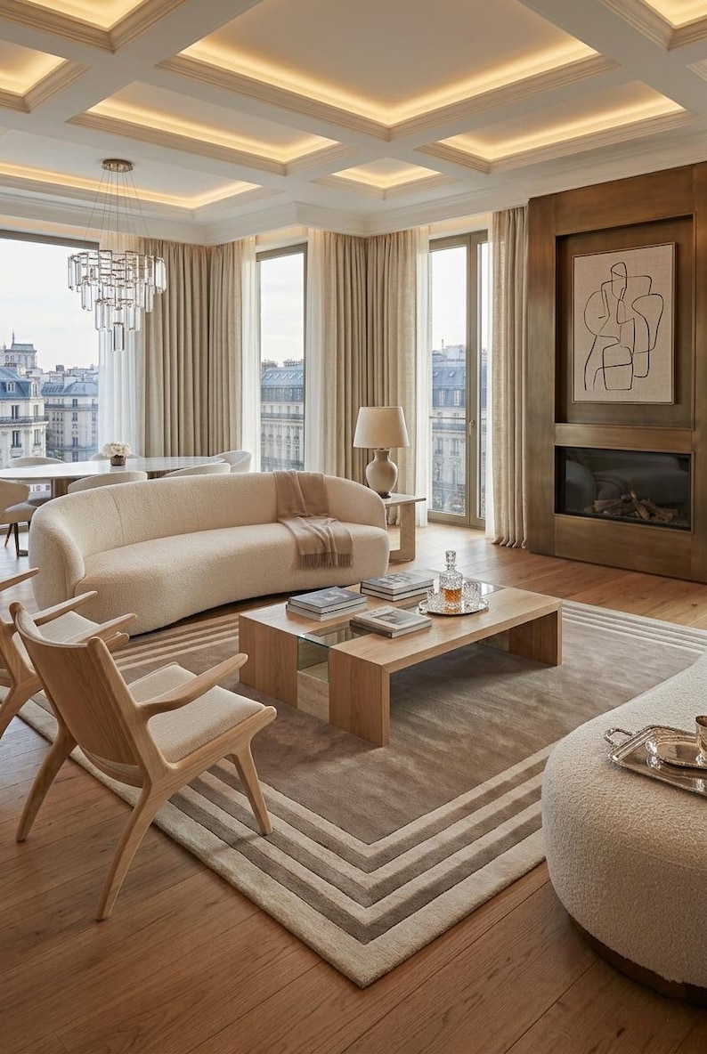 May include: A living room featuring a curved cream-colored sofa, two light wood armchairs, and a rectangular wooden coffee table with a glass insert. The space includes a large area rug with brown and cream stripes, a fireplace, and a chandelier.