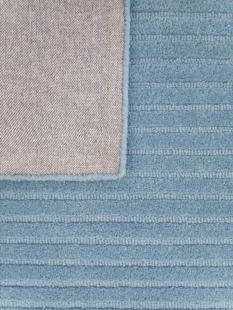 Hand Tufted Sky Blue Striped Area Rug | Minimalist Ocean High Low Wool Rug image 5