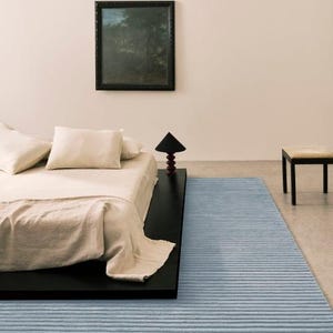 Hand Tufted Sky Blue Striped Area Rug | Minimalist Ocean High Low Wool Rug image 3