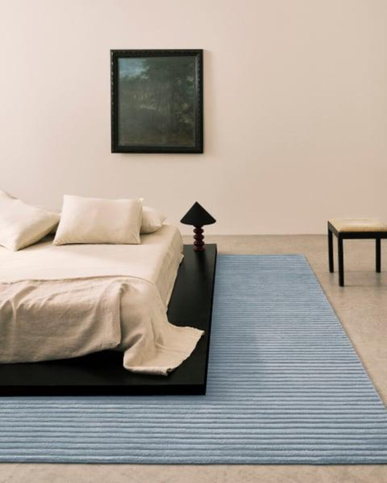 Hand Tufted Sky Blue Striped Area Rug | Minimalist Ocean High Low Wool Rug image 3