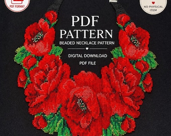 Patrón de collar de rosas con cuentas en PDF, diseño de collar floral con cuentas, patrón de joyería de rosas rojas, archivo digital de descarga instantánea.