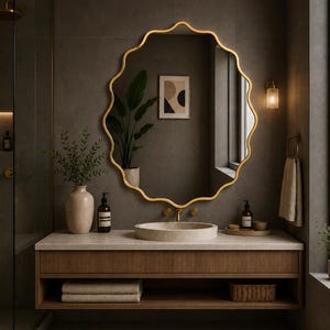 May include: A bathroom vanity with a gold-framed, scalloped-edge mirror. The vanity has a light-colored countertop, a wooden cabinet with a lower shelf, and a round sink. Decorative items include a vase, plants, and toiletries. The walls are a dark gray tile.