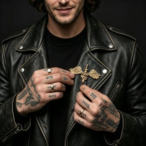 May include: A gold-colored brooch featuring a sword with wings and a banner. The brooch is pinned to a black leather jacket. The person is wearing gold rings on their fingers and has tattoos on their hands.