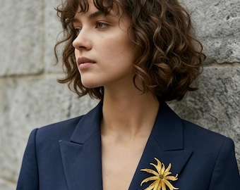 Broche vintage dorado con forma de margarita – Broche floral bohemio de gran tamaño, joyería botánica de mediados de siglo