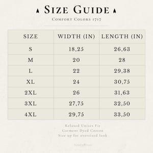 May include: A size guide chart for Comfort Colors 1717 apparel. The chart lists sizes S to 4XL, with corresponding width and length measurements in inches. The text also includes "Relaxed Unisex Fit" and "Garment Dyed Cotton".