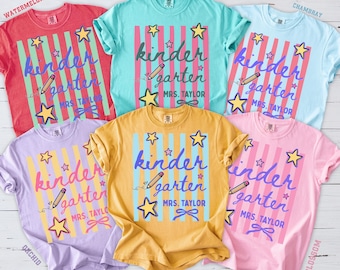 Custom Kindergarten Teacher Shirt, Comfort Colors® Kindergarten Tee, Retro Stripe Kindergarten Team Shirt, Back to School, Elementary Teach