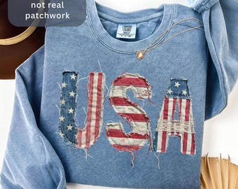 Comfort Colors® Vintage Faux Patchwork USA Sweatshirt Retro USA Tee Trendy 4th of July Gift, Distressed American Flag Sweater