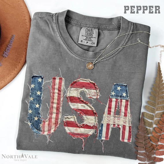 Comfort Colors® Vintage Faux Patchwork USA Shirt Retro USA Tee Trendy 4th of July Gift, Distressed American Flag Tshirt