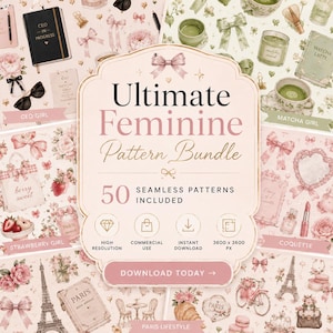 Op de afbeelding: Een digitale grafische weergave getiteld Ultimate Feminine Pattern Bundle met 50 naadloze patronen. Het centrale label bevat iconen voor hoge resolutie, commercieel gebruik, directe download en afmetingen van 3600 x 3600 px.