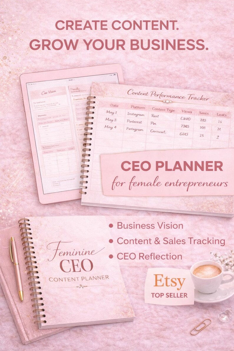 Feminine CEO content planner printable for female entrepreneurs, business planner with content tracker, sales tracking and productivity pages, digital download.
