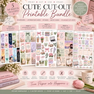 May include: A printable bundle featuring five A4 sheets of paper crafts including bookmarks, affirmation cards, stickers, quote cards, and planner cut-outs. The sheets display various pastel-colored illustrations, motivational text, and decorative elements for journaling and scrapbooking projects.