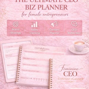 Feminine CEO content planner printable for female entrepreneurs, business planner with content tracker, sales tracking and productivity pages, digital download.