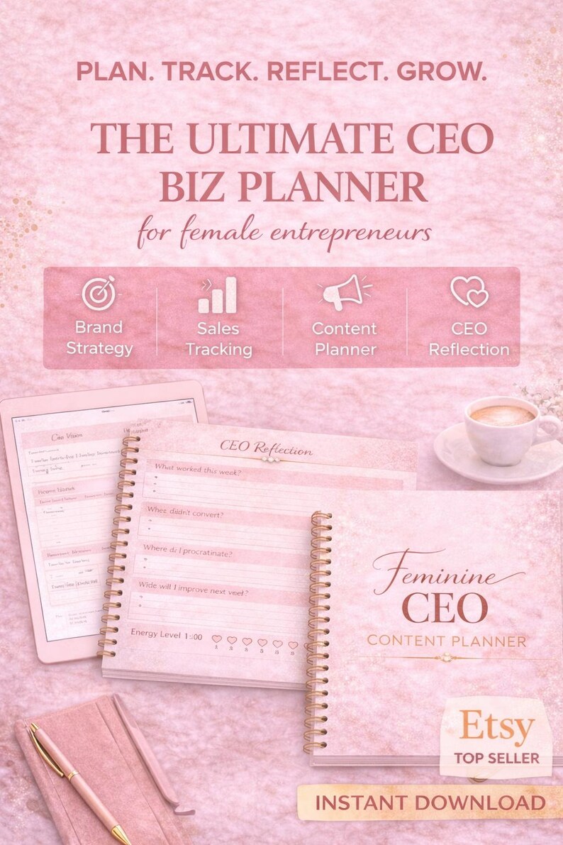 Feminine CEO content planner printable for female entrepreneurs, business planner with content tracker, sales tracking and productivity pages, digital download.