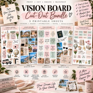 Kit per la Vision Board stampabile, immagini per la vision board, carte di affermazione, adesivi per la vision board, kit di manifestazione, materiali stampabili per la definizione degli obiettivi
