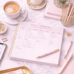 Printable Clean Girl Freelancer Planner in pink aesthetic design with client tracker, income planner and productivity pages, digital download for freelancers.