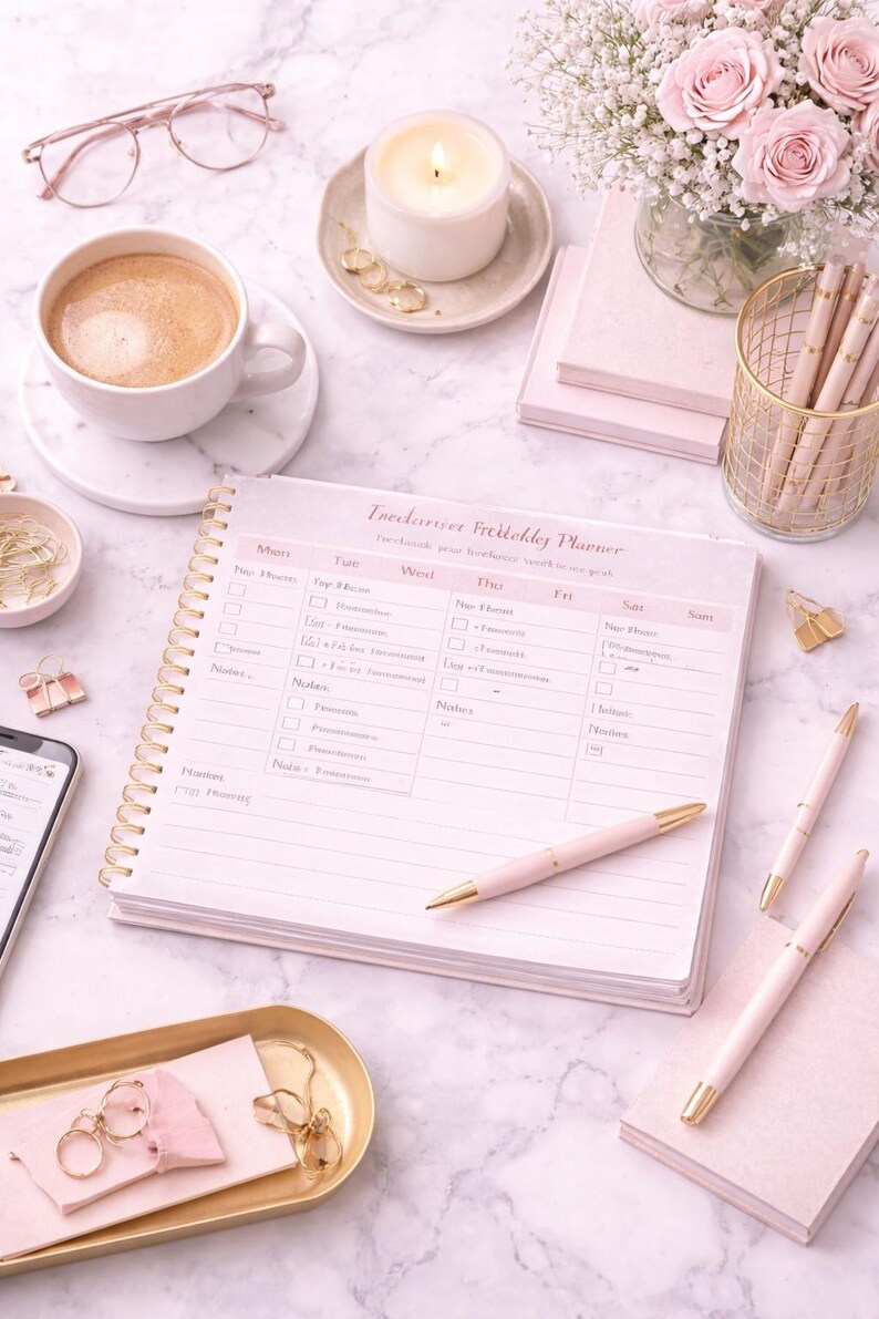 Printable Clean Girl Freelancer Planner in pink aesthetic design with client tracker, income planner and productivity pages, digital download for freelancers.