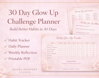 30 Day Glow Up Challenge Planner | Habit Tracker, Self Improvement (Printable PDF)