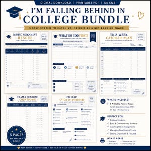 May include: A digital download bundle of five A4 printable planner pages titled I'M FALLING BEHIND IN COLLEGE BUNDLE. The pages feature navy blue and gold text, academic icons, and structured tables for tracking assignments, deadlines, and weekly catch-up plans.