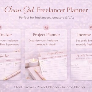 Printable Clean Girl Freelancer Planner in pink aesthetic design with client tracker, income planner and productivity pages, digital download for freelancers.