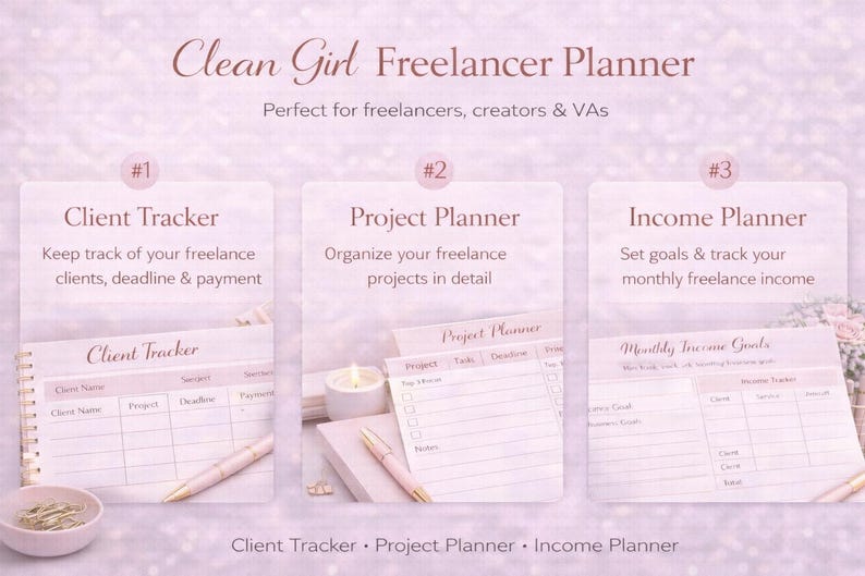Printable Clean Girl Freelancer Planner in pink aesthetic design with client tracker, income planner and productivity pages, digital download for freelancers.