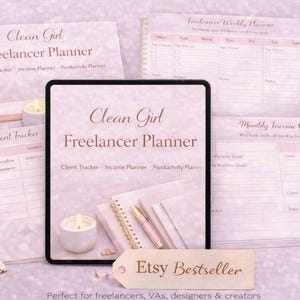 Printable Clean Girl Freelancer Planner in pink aesthetic design with client tracker, income planner and productivity pages, digital download for freelancers.