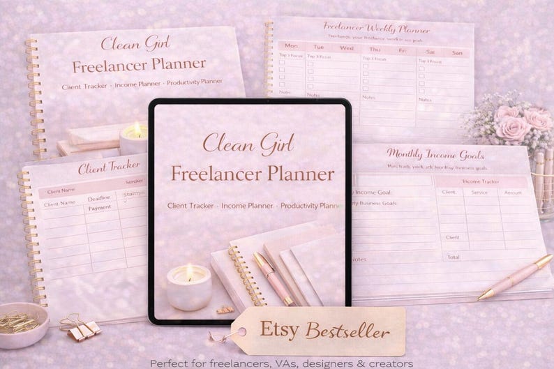 Printable Clean Girl Freelancer Planner in pink aesthetic design with client tracker, income planner and productivity pages, digital download for freelancers.